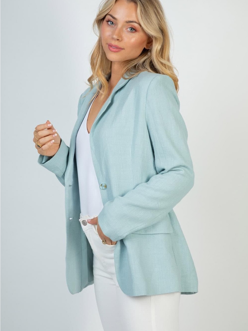 S M XL Light Blue Women's Linen-Blend Blazer - Picture 2 of 6